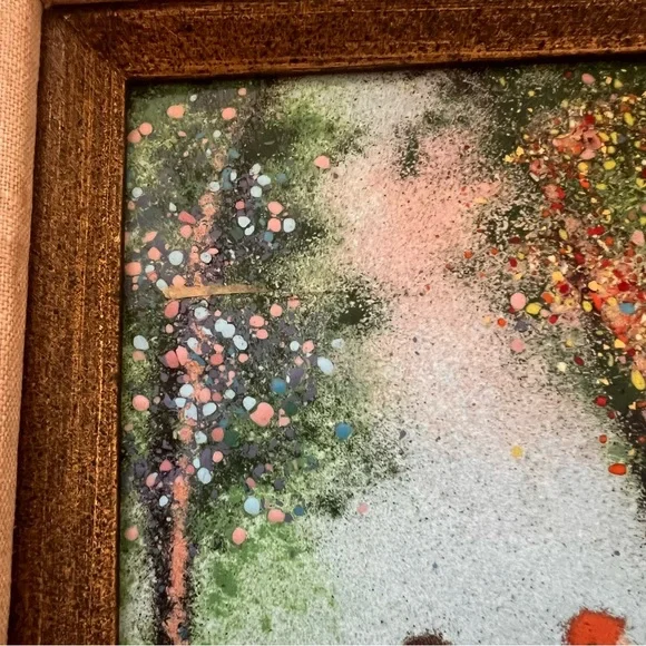 LOUIS CARDIN Signed Enamel on Copper Painting, Gold‎ Wood Frame, Kids In Forest